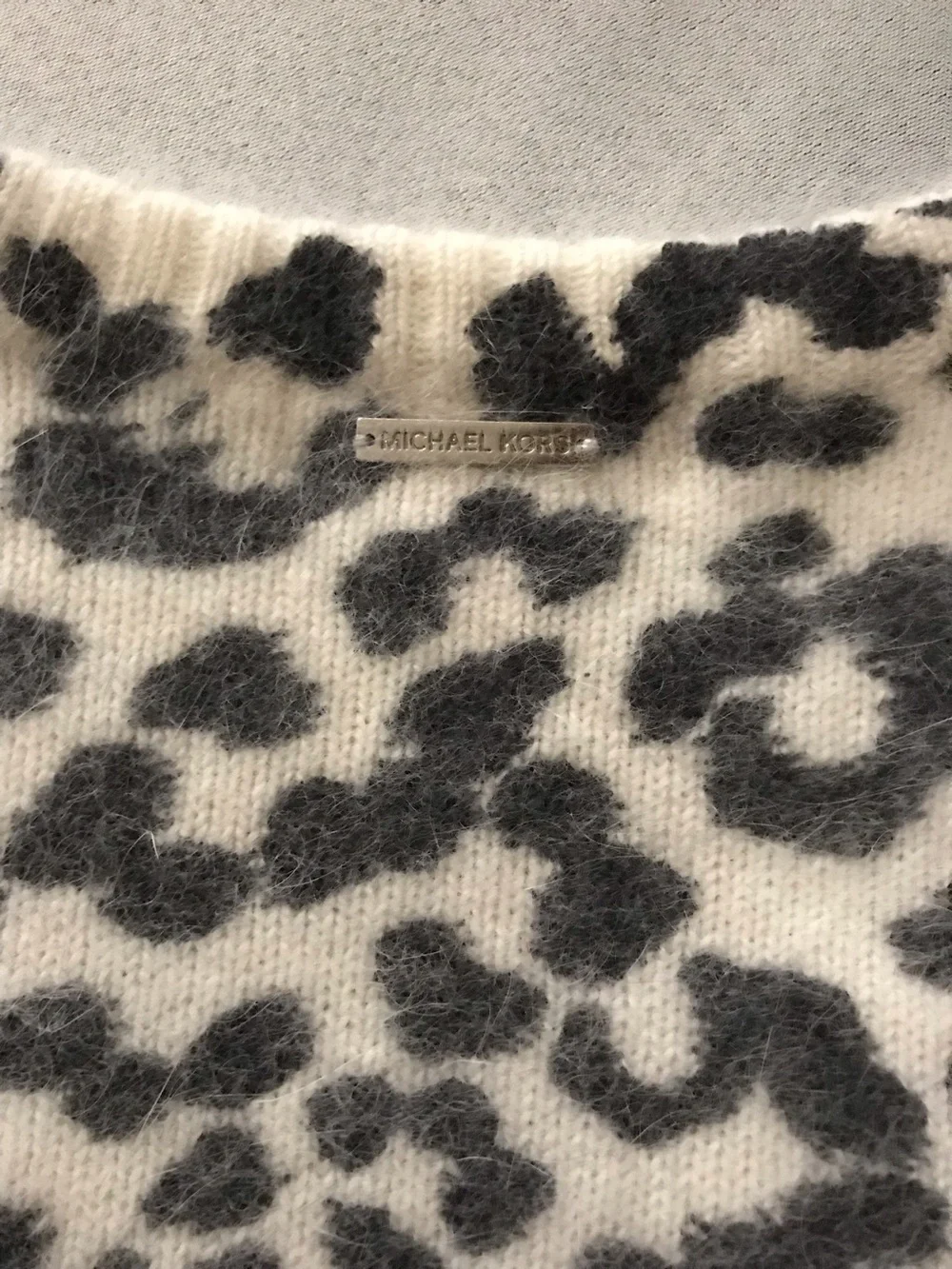 Michael Kors White and Gray Leopard Angora Sweater